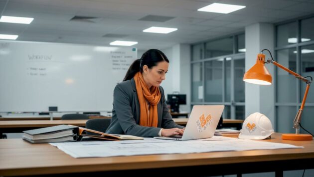 Project manager reviews lighting workflow documents