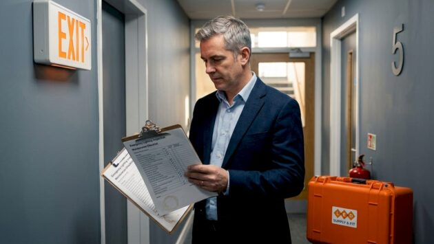 Manager inspecting emergency lighting in office