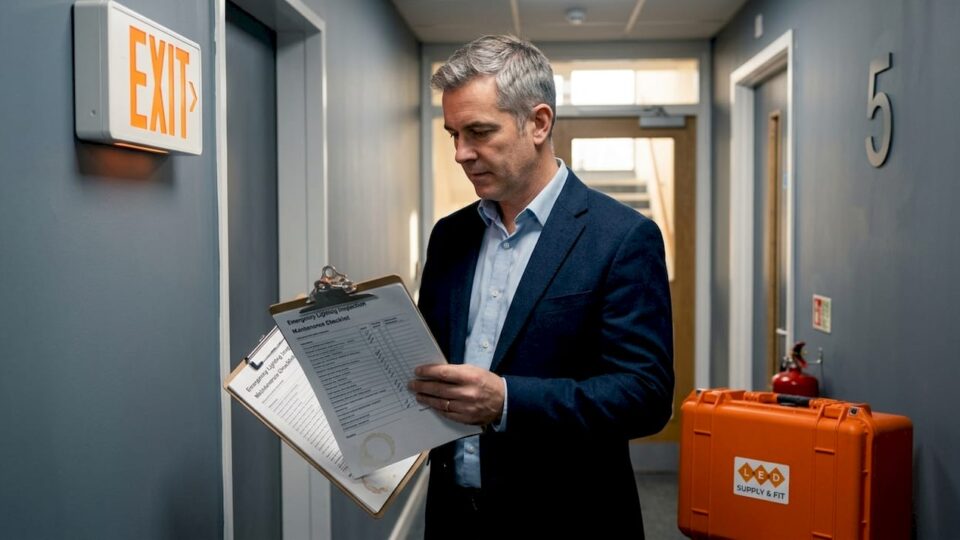 Manager inspecting emergency lighting in office