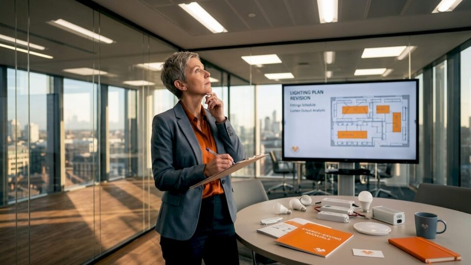 Manager assessing LED demonstration in office