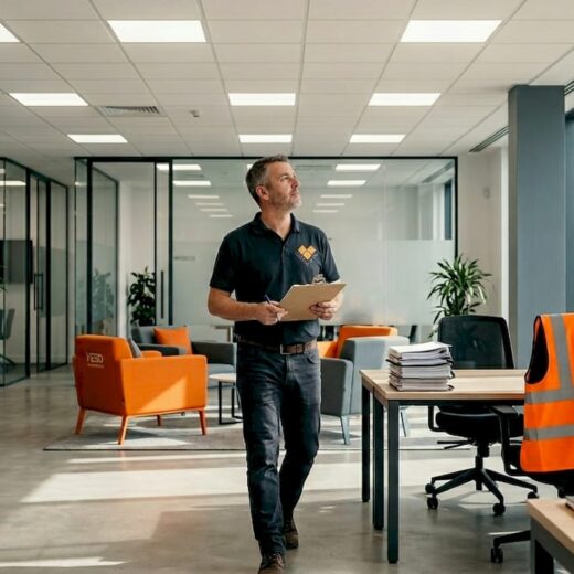 Facilities manager inspecting office lighting