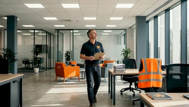 Facilities manager inspecting office lighting