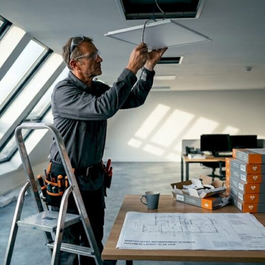Electrician installing LED fixture in office