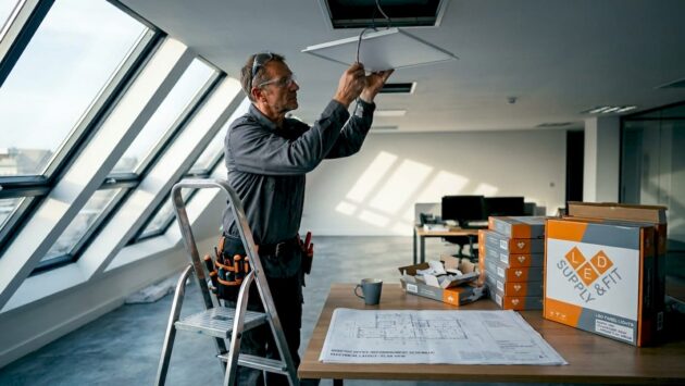 Electrician installing LED fixture in office