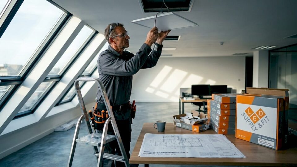 Electrician installing LED fixture in office