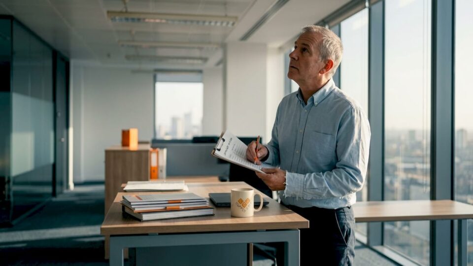 Facilities manager audits office lighting workstation
