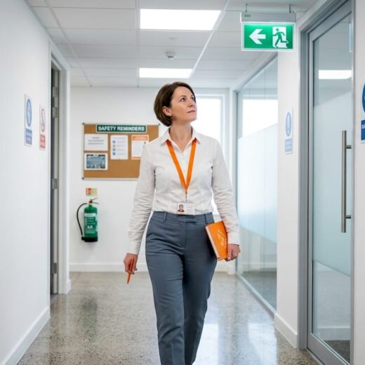 Manager inspecting emergency exit sign in corridor