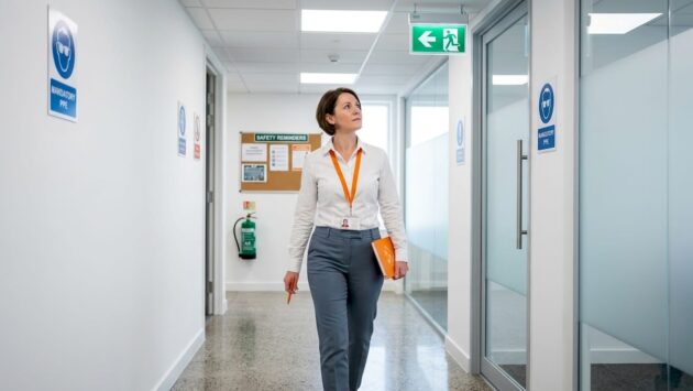 Manager inspecting emergency exit sign in corridor