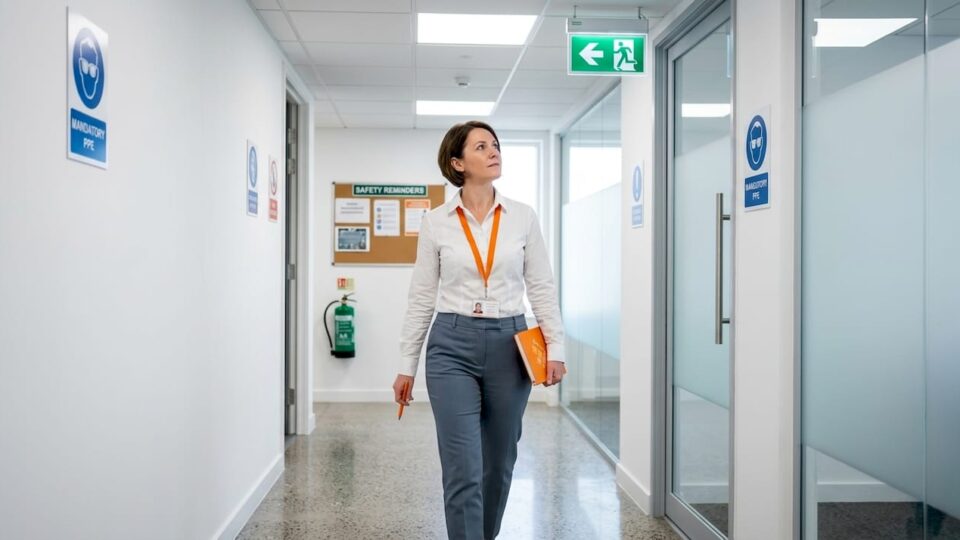 Manager inspecting emergency exit sign in corridor