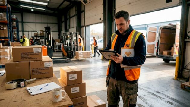 Warehouse supervisor checking lighting delivery manifest