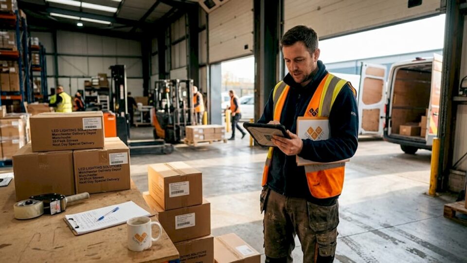 Warehouse supervisor checking lighting delivery manifest