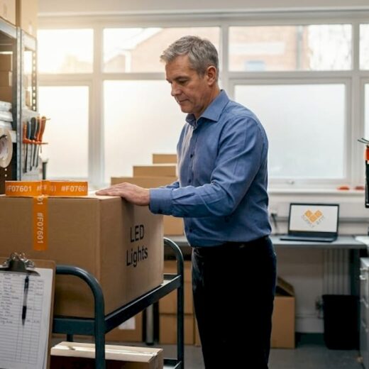 Business manager receiving LED lighting delivery in supply room