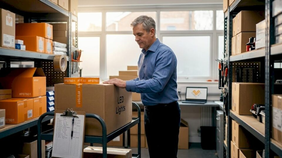 Business manager receiving LED lighting delivery in supply room