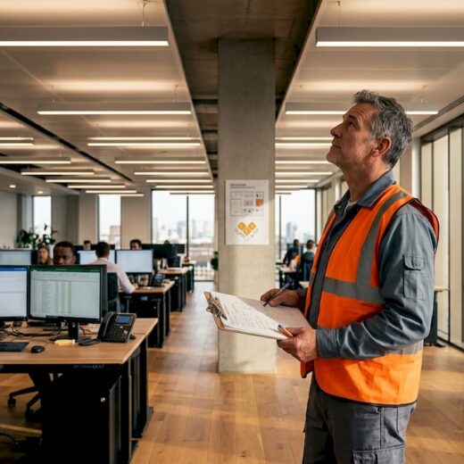 Manager checking office lighting in open workspace