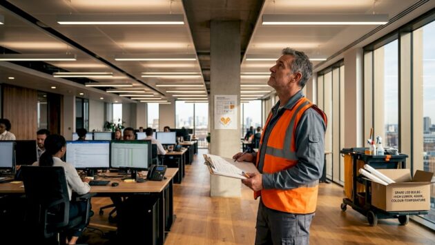 Manager checking office lighting in open workspace