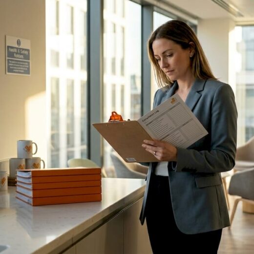 Manager reviews lighting compliance log in office