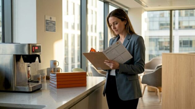 Manager reviews lighting compliance log in office