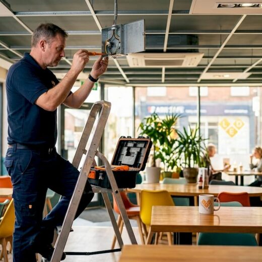 Technician fitting lighting in active office space