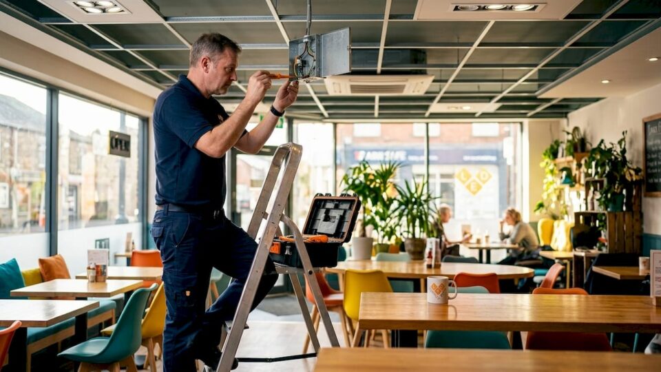 Technician fitting lighting in active office space