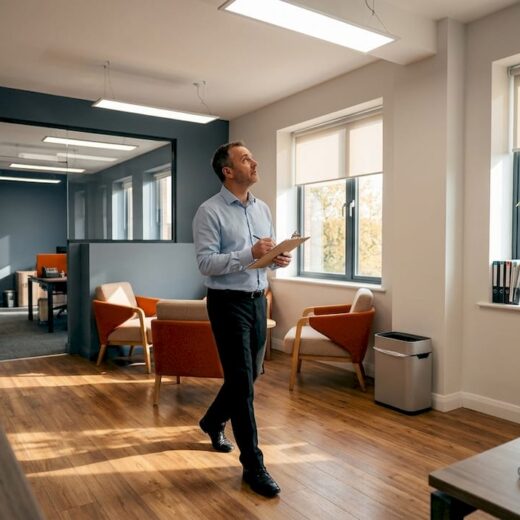 Facilities manager auditing outdated office lighting