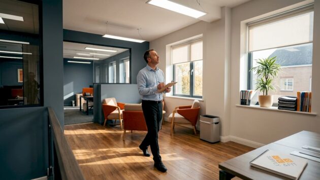 Facilities manager auditing outdated office lighting