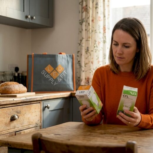 Woman compares energy saving bulbs in kitchen