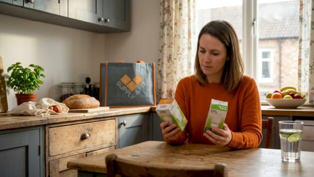 Woman compares energy saving bulbs in kitchen