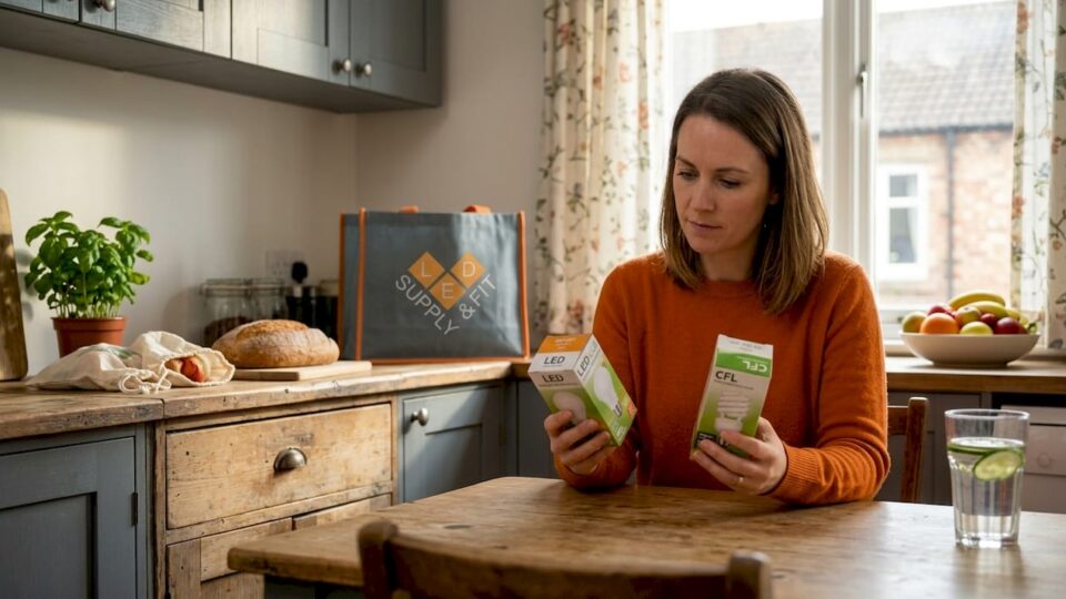 Woman compares energy saving bulbs in kitchen
