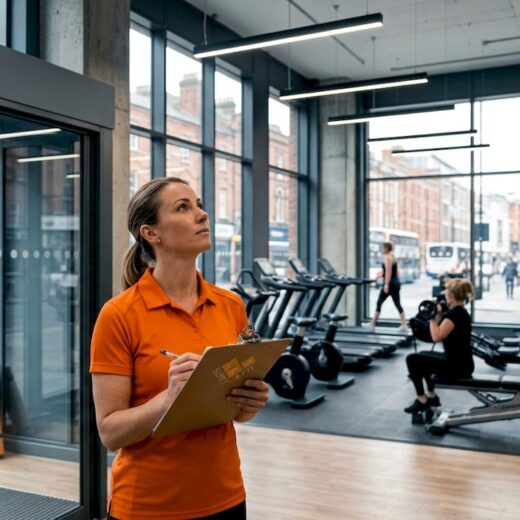 Gym manager assessing lighting in busy gym