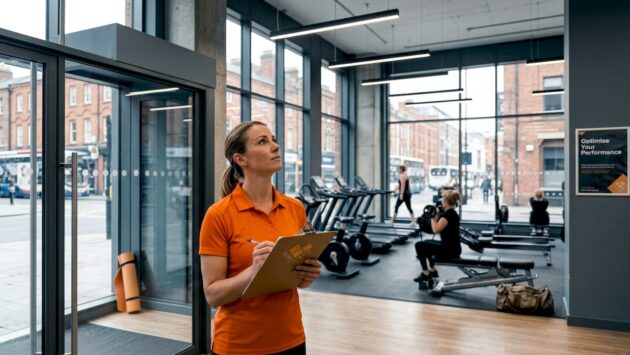 Gym manager assessing lighting in busy gym