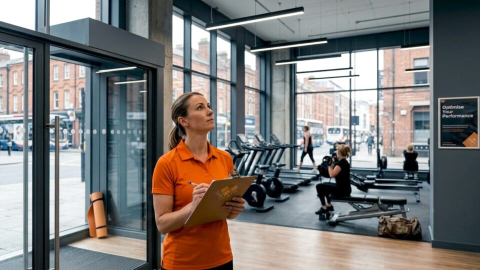 Gym manager assessing lighting in busy gym
