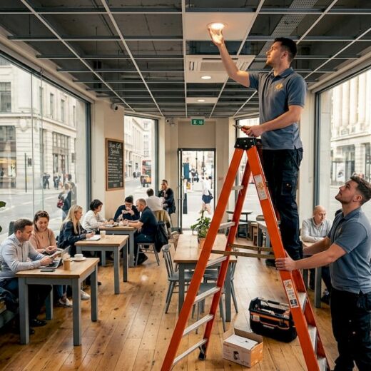 Technicians adjusting LED lighting in office lobby