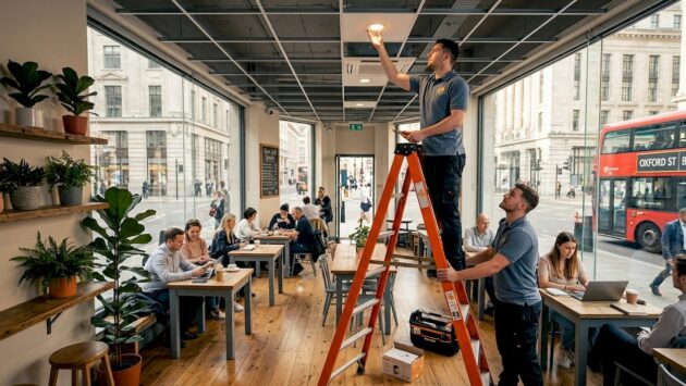 Technicians adjusting LED lighting in office lobby