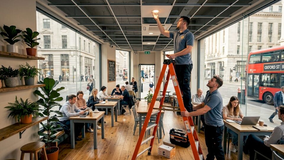 Technicians adjusting LED lighting in office lobby
