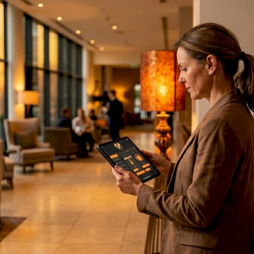 Hotel manager adjusting lobby lighting controls