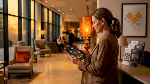 Hotel manager adjusting lobby lighting controls