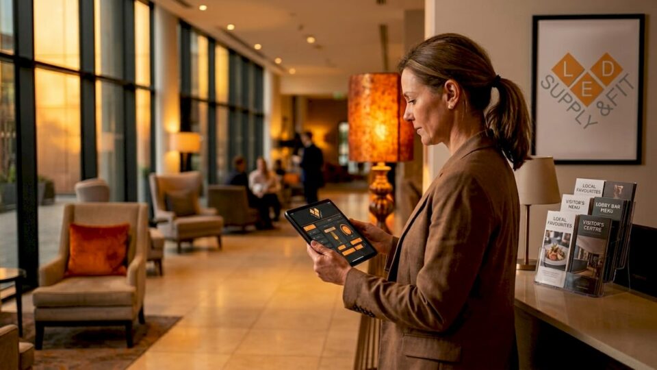 Hotel manager adjusting lobby lighting controls