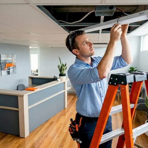 Engineer installing commercial LED tube light