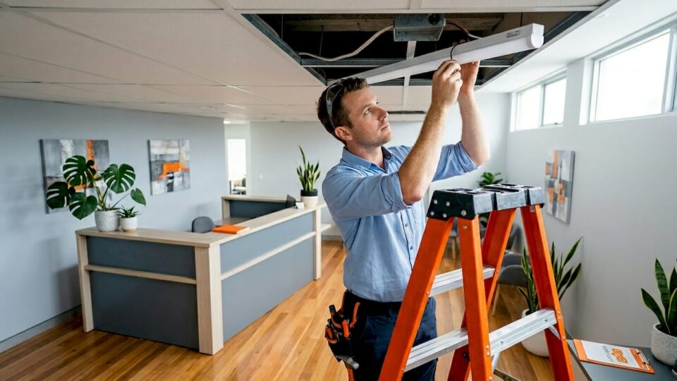 Engineer installing commercial LED tube light