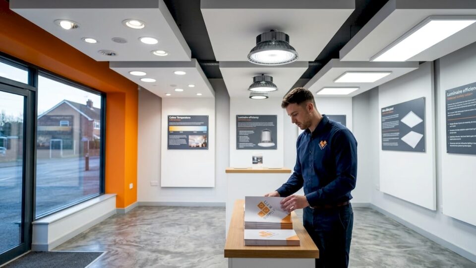 Showroom displaying types of commercial LED fixtures