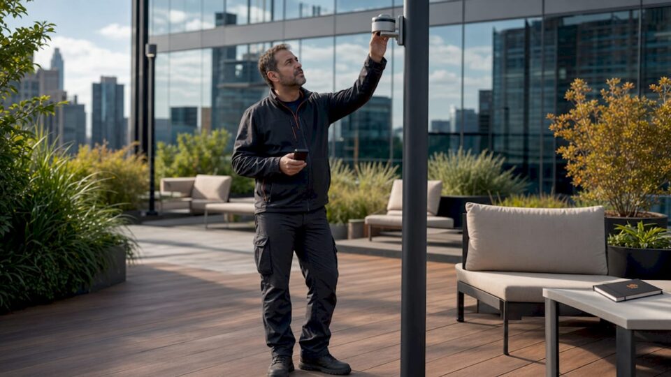 Facility manager adjusting daylight sensor in office lobby
